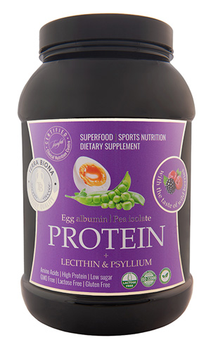 PROTEIN Egg protein (albumin)/Pea protein isolate + Lecithin and Psyllium. With forest berry flavor. 1800g