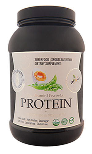 PROTEIN Egg protein (albumin)/Pea protein isolate + Lecithin and Psyllium. Vanilla flavour. 1800 g