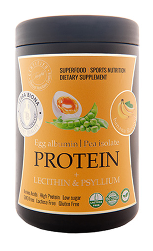 PROTEIN Egg protein (albumin)/Pea protein isolate + Lecithin and Psyllium. Banana flavor.