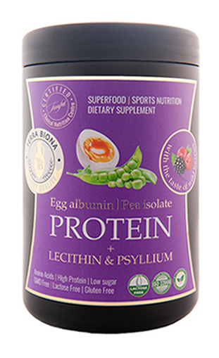 PROTEIN Egg protein (albumin)/Pea protein isolate + Lecithin and Psyllium. With forest berry flavor.