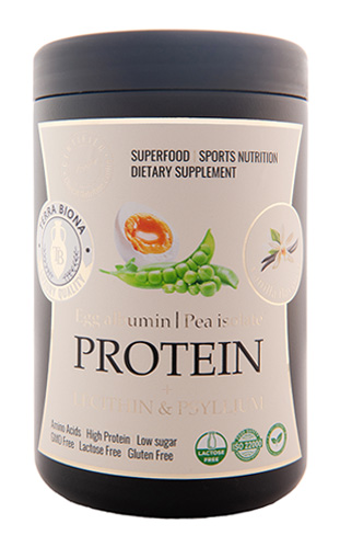 PROTEIN Egg protein (albumin)/Pea protein isolate + Lecithin and Psyllium. Vanilla flavour.